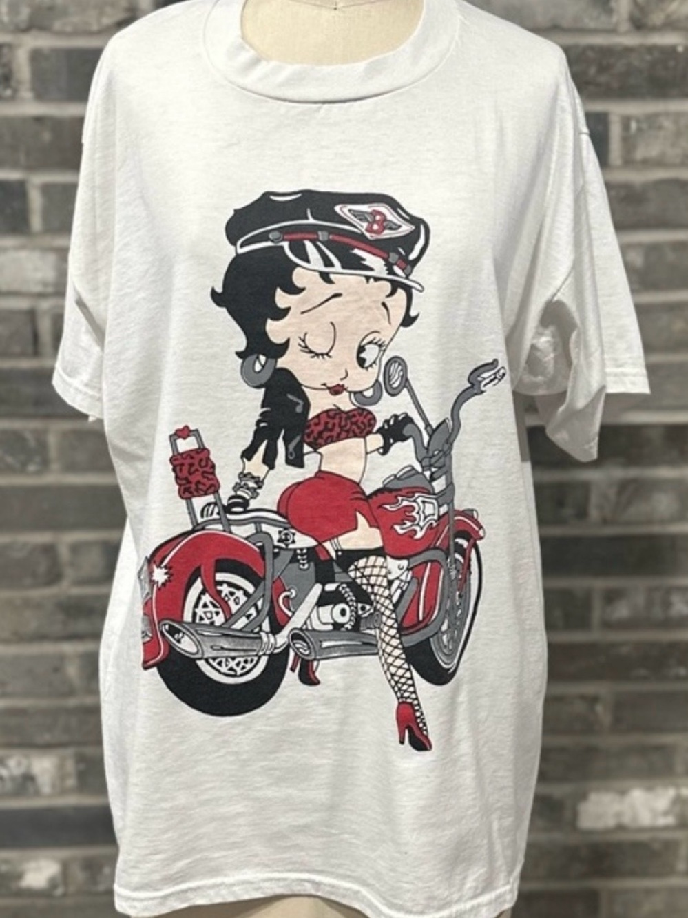 Y2K Betty Boop Biker Motorcycle Graphic Tee Fruit of the Loom White Shirt Large